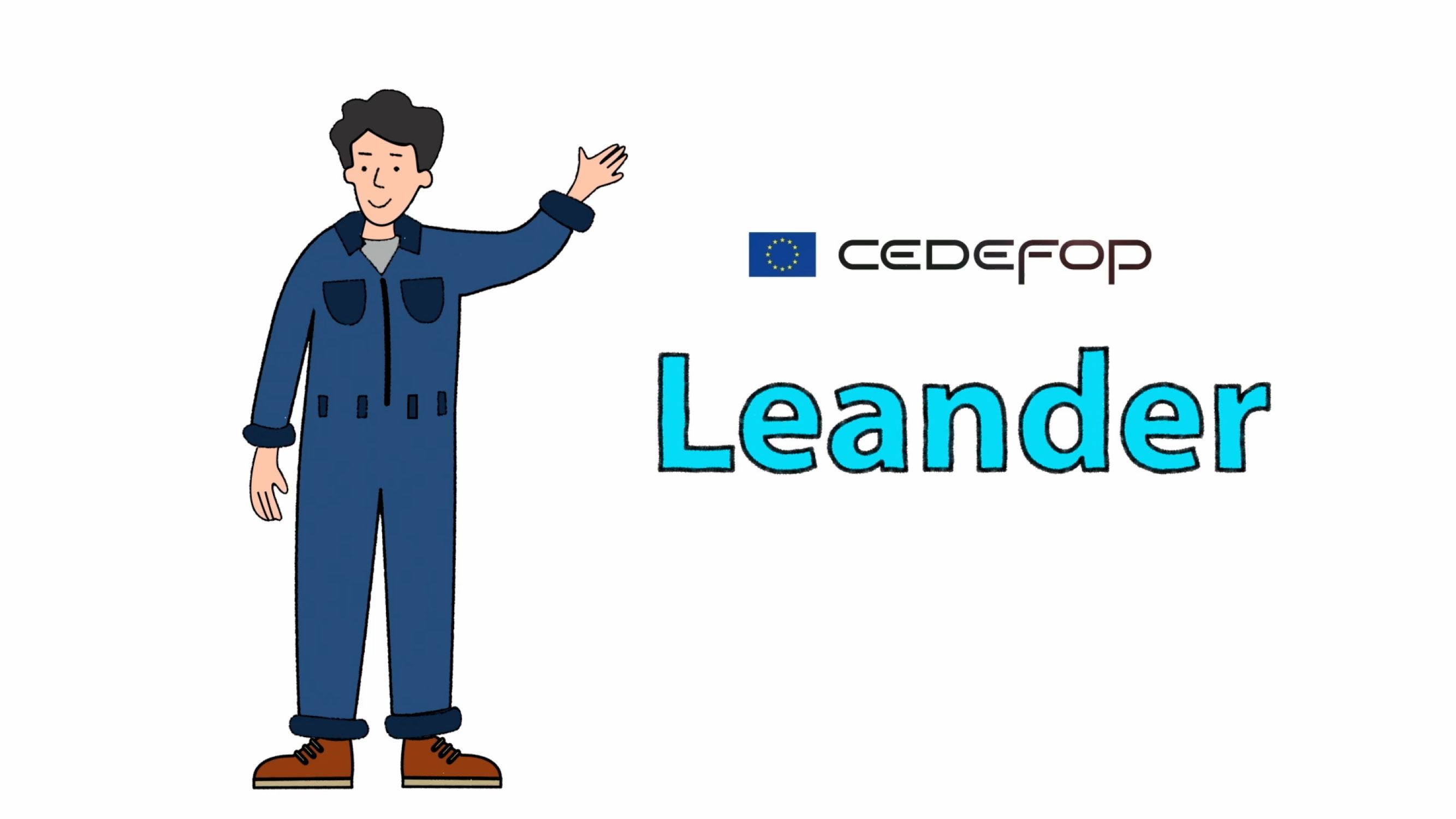 Illustration of man waving, Cedefop logo, text Leander