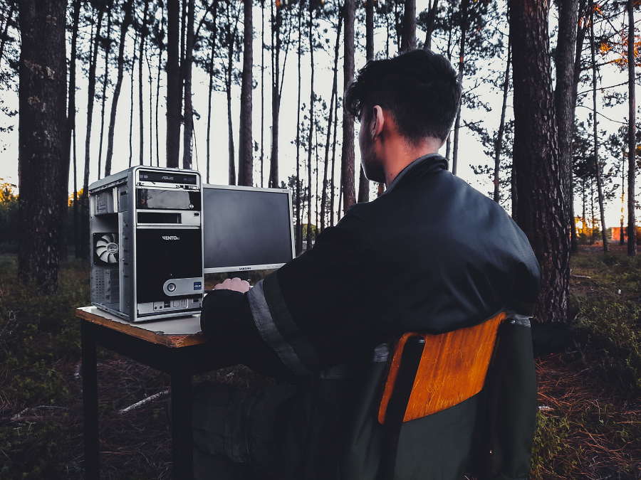 Young man sitting at a desk in front of a desktop inside the forest