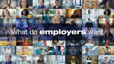 Collage of various people with the text What do employers want