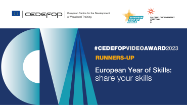 Visual with Cedefop, European Year of Skills and Thessaloniki Documentary Festival logos and text #CedefopVideoAward 2023 winner, European Year of Skills: share your skills