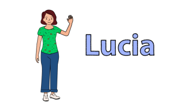 Illustration of woman waving her hand and text Lucia