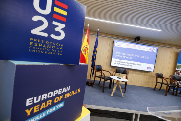 Conference room, banners Spanish presidency, European Year of Skills